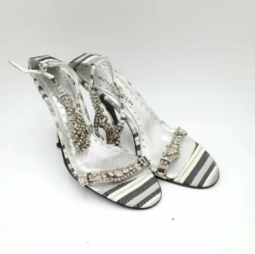 Hollywould Womens Sandals Slim Heels Shoes Metallic Striped Ankle Strap Jewels 8